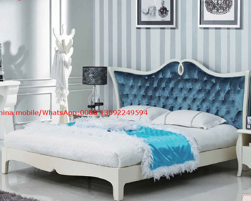Neoclassical design Luxury Furniture Fabric Upholstery headboard King Bed with Crystal Pull buckle Decoration