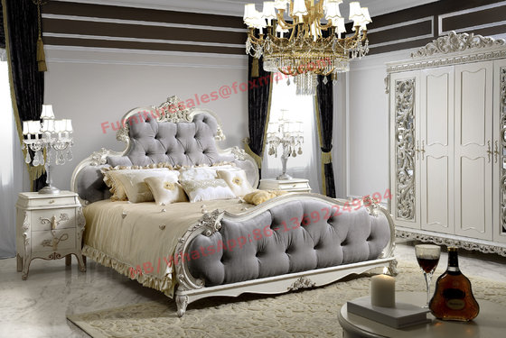 Luxury Upholstery Fabric Headboard Padding with Solid Wood Bed in Ivory White Painting