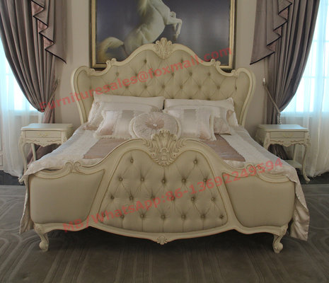Exquisite Fabric Padding Headboard with Solid Wood Bed in Ivory White Painting