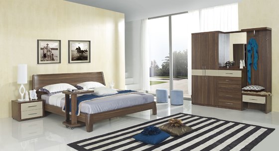 Walnut wood home bedroom furniture sets by curved headboard bed and full mirror stand