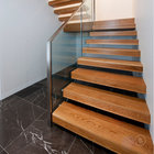 House Red Oak Tread Stairs Floating Cantilevered Staircase with Frameless Tempered Glass Railing