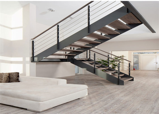 Double beam Stringer staircase wooden stair with frameless glass railing Straight Staircase
