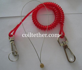 China Translucent red 2.3mm safety lanyard spring coil cable heavy duty w/customized size hooks supplier