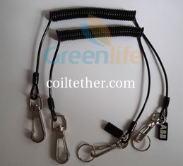 China Heavy Duty Wired Tether Cord Black Polyurethane Coiled Jacket w/Custom Logo Tag and Snap Hooks supplier