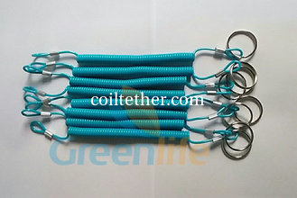 China Beautiful Custom Blue Plastic Coil Safety Strap with Key Ring and Loop Size 2.5x10x120mm supplier