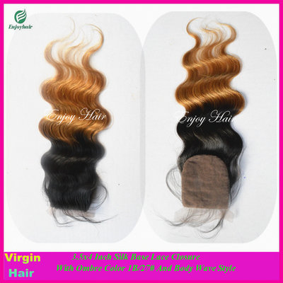 China Silk lace closure 3.5''x4'' peruvian virgin hair ombre1b/27# color,body wave hair stock supplier