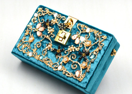 China Blue Printing Flannel Evening Clutch Bags With Small Bling Crystals Accessories supplier