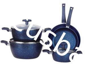 China 8PCS heat resistant nonstick blue marble inside and outside coating Aluminum cookware set with saucepot supplier