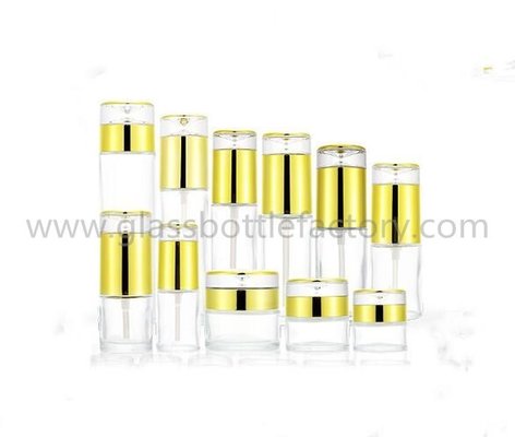 China 20ml,30ml,40ml,50ml,60ml,80ml,100ml,120ml Clear Round Glass Lotion Bottles And 20g,30g,50g Cosmetic Jars With Gold Caps supplier