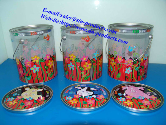 China Different Printed PET Tin Pail with metal Printed  lid and handle from Goldentinbox.com supplier