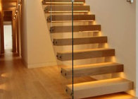 rubber wooden straight staircase with tempered clear glass railing