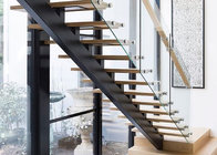 rubber wooden straight stairs with tempered clear glass railing