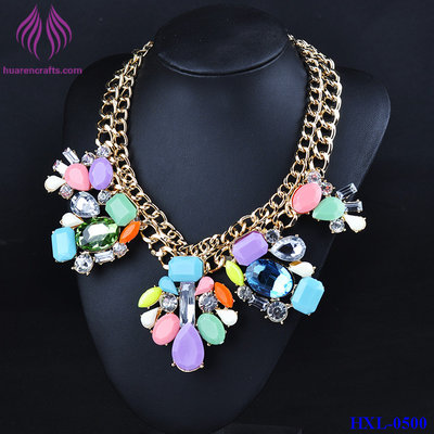 China Lady Double Chain color crystal Pendant Choker Chunky Statement Bib Necklace supplier