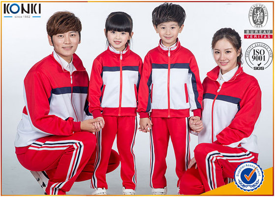 China Red and white color jacket design custom school uniform for sport meeting supplier