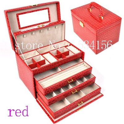 luxurious big 4 layers  rose red  leather jewelry box earrings jewelry packaging display box  gift box  (28* 20 * 19.5 c