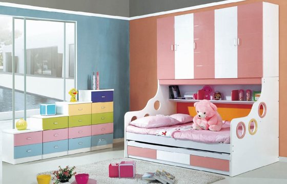 China pink kids bed with wardrobe furniture,#6611 supplier