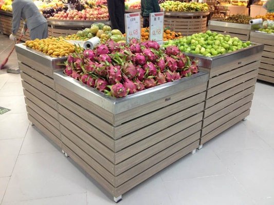 China supermarket wooden produce bin with stainless steel tray supplier