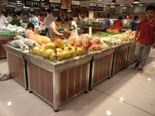 China wood supermarket fruit bin stand with lift door supplier