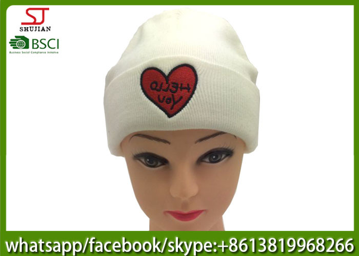 Chinese manufactuer  red heart embroidered knitting stripe hat  cap  beanie 79g 20*22cm 100%Acrylic keep warm