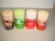 100% paraffin wax scented pillar candle with clear wrapping and printed label