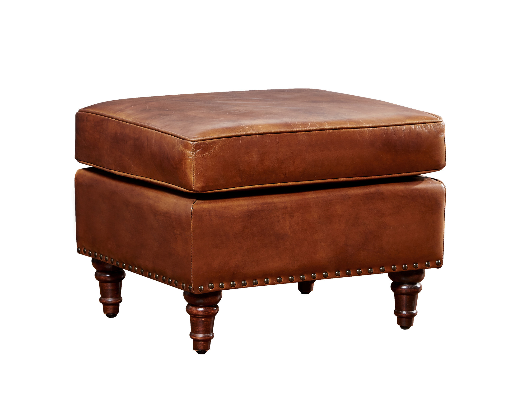 Living Room Retro Vintage Leather Furniture Brown Leather Storage Ottoman With Wood Legs 