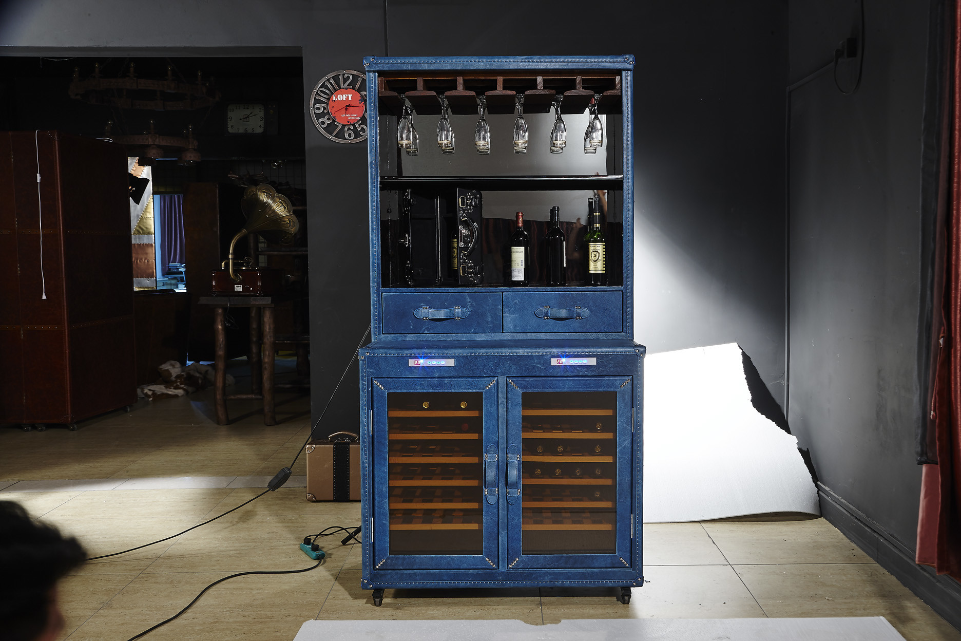 Top Grain Leather Wine Fridge Cabinet , Blue Bar Cabinet With Wine Storage