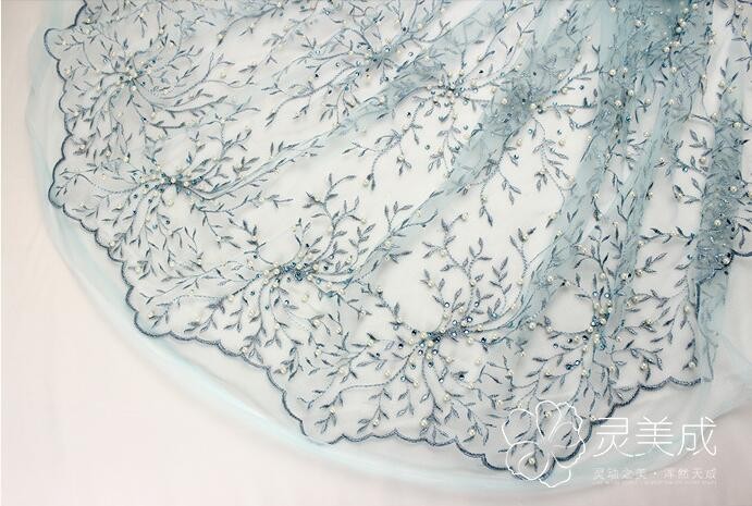Blue Embroidery Beading Lace Fabric Bridal Beading Lace Fabric