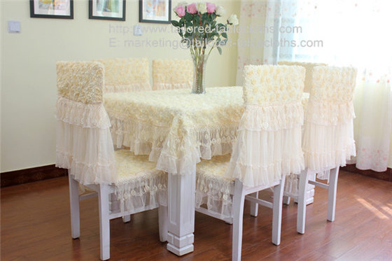 China Rosette lace wedding tablecloths and chair covers with 3D raised roses, supplier