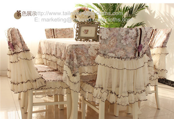 China Cotton floral table cover and chair cover with lace border, lace border table linens, supplier