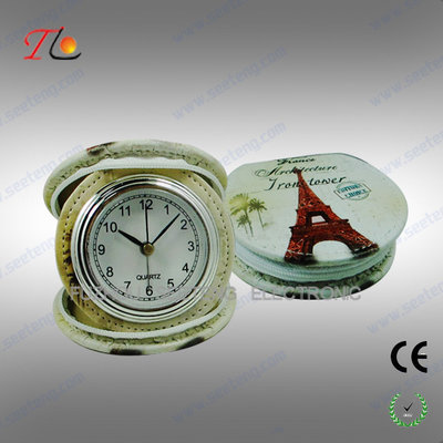 China New portable and folding 3D flower printing PU Paris travel alarm clock for promotion supplier