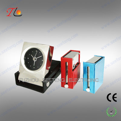 China Folding square leather travel table alarm clock with metal case material supplier