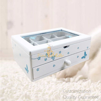 China Butterfly Flower MDF Matte White Wooden Girl's Jewelry Storage Display Chest Box with Window , Personalized Logo Brand. supplier