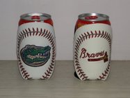 Promotional leather beer can holder with neoprene lining, logo pattern made by embroidery