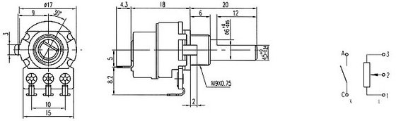 16mm rotary potentiometer, carton potentiometer with metal shaft, potentiometer with switch