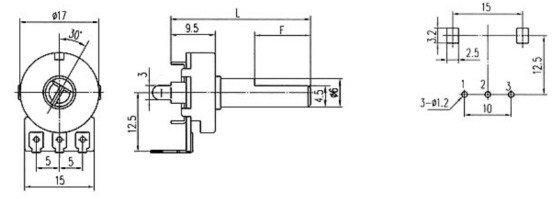 rotary potentiometer, carbon potentiometer, 17mm potentiometer with insulated shaft,