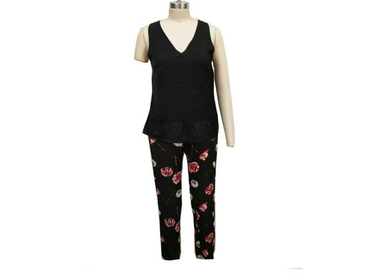 China Matt Satin Silky Feeling Ladies Loungewear Sets Vest And Long Pants Colorful Flower Print supplier
