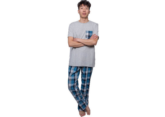 China Short Sleeve Long Pant Cotton Checked Pyjamas / Nightwear , Solid Top Checkered Pjs supplier