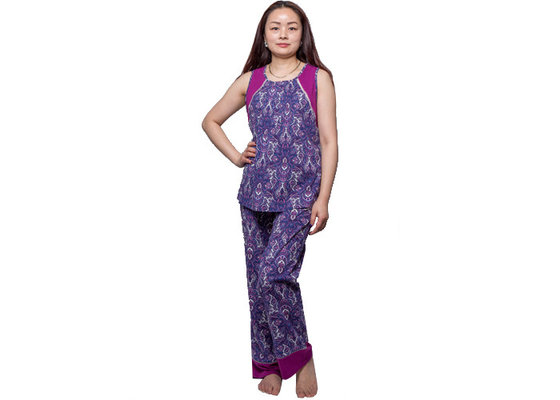 China Fashion Womens Summer Nightwear Water Print Fabric Waistcoat And Long Pant With Cotton Lace supplier
