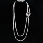 White Shell Pearl Double Strands Sweater Necklace with Cubic Zirocnia Butterfly Charm(SN702143BUTTERFLY)