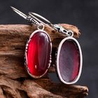 Sterling 925 Silver Retro Oval Synthetic Ruby Drop Dangle Earrings (049012)
