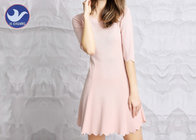 Water Ripple Edge Pink Knitted Jumper Dress Half Sleeves Nipped Waist For Summer