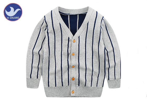 Vertical Stripes Grey Navy Boys Knitted Cardigan Sweaters / Double Layer Kids Knitwear