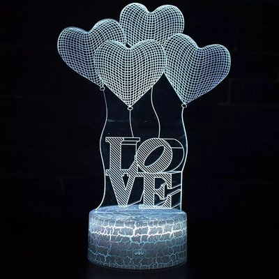 Love & Heart Shape LED 3D Optical Illusion Smart 7 Colors Night Light Table Lamp with USB Cable