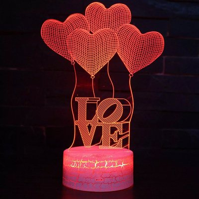 Love & Heart Shape LED 3D Optical Illusion Smart 7 Colors Night Light Table Lamp with USB Cable