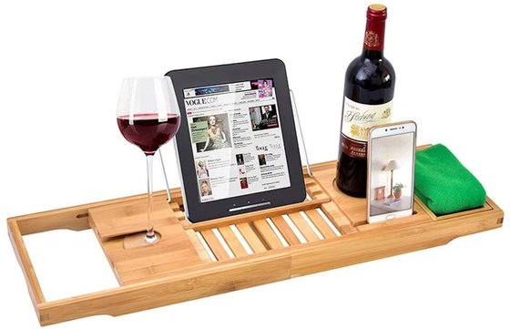 Bath Tray Bamboo Bathtub Caddy with Extending Sides, Mug Wineglass Smartphone Holder, Metal Frame Book Pad Tablet Holder
